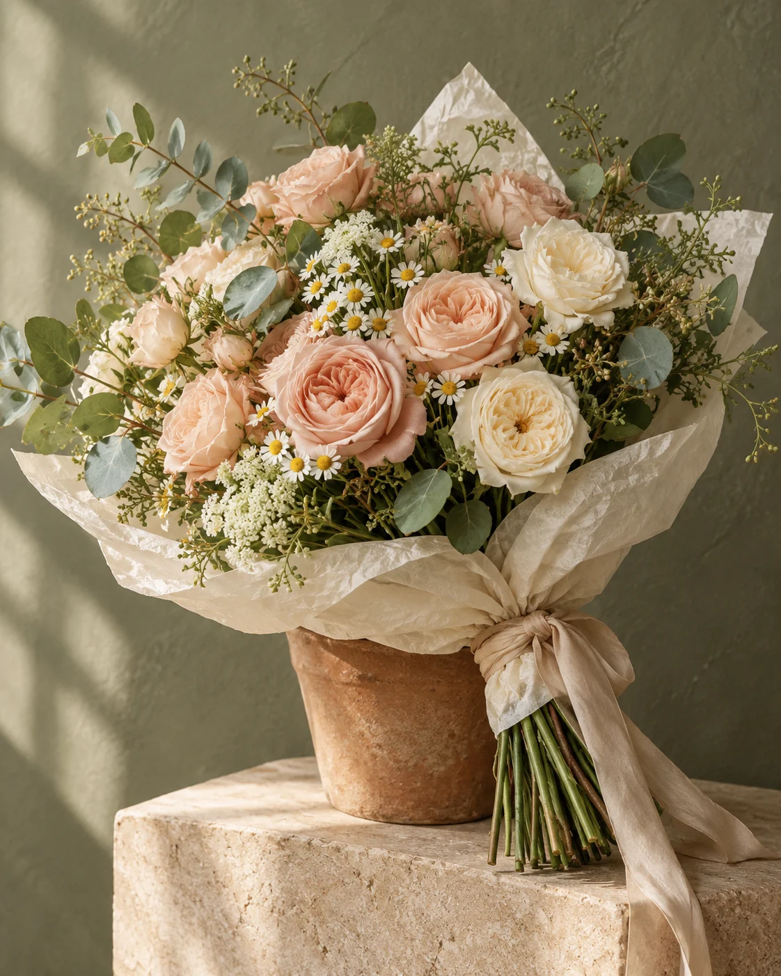 Illustrative blush roses, daisies and eucalyptus bouquet
